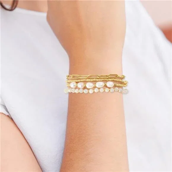 Dainty Gold Plated Pearl Crystal Beaded Bracelets Set for Women 14K Gold Plated - Picture 4 of 7